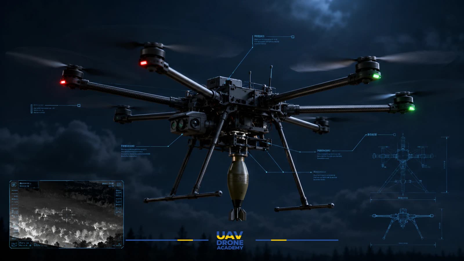 Важкий багаторазовий дрон-бомбардувальник, що показує сторону UCAV дрона проти UAV проти UCAV