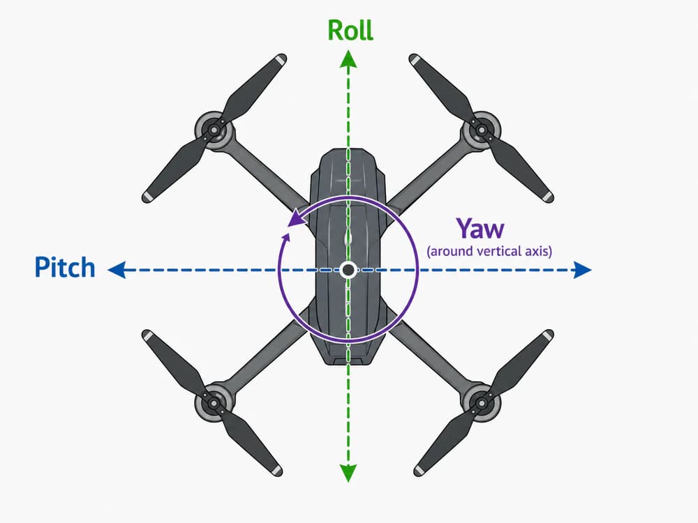 Diagrama dos eixos de rotação roll, pitch e yaw em um quadricóptero medidos pelo giroscópio da controladora de voo
