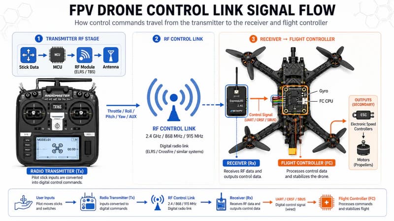 Diagrama do link de controle FPV mostrando rádio controlador, ondas de rádio, receptor, controladora de voo, ESC e motores