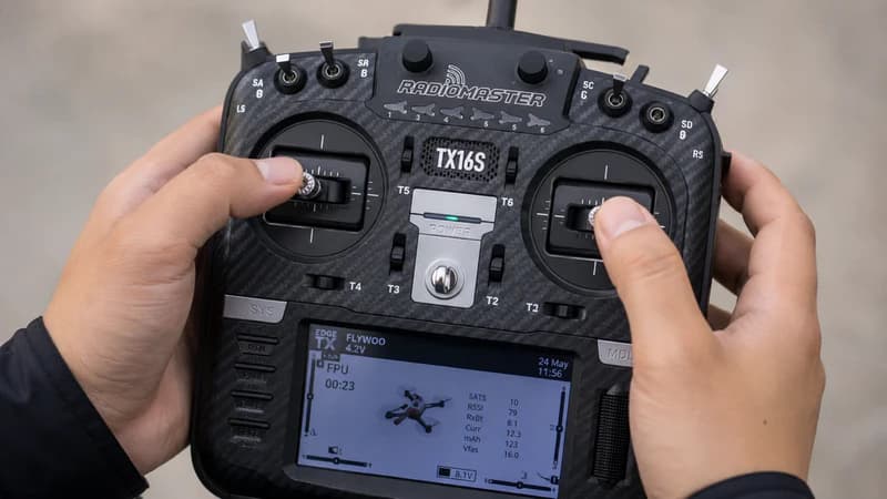 Piloto segurando um rádio controlador FPV com os polegares em ambos os manches