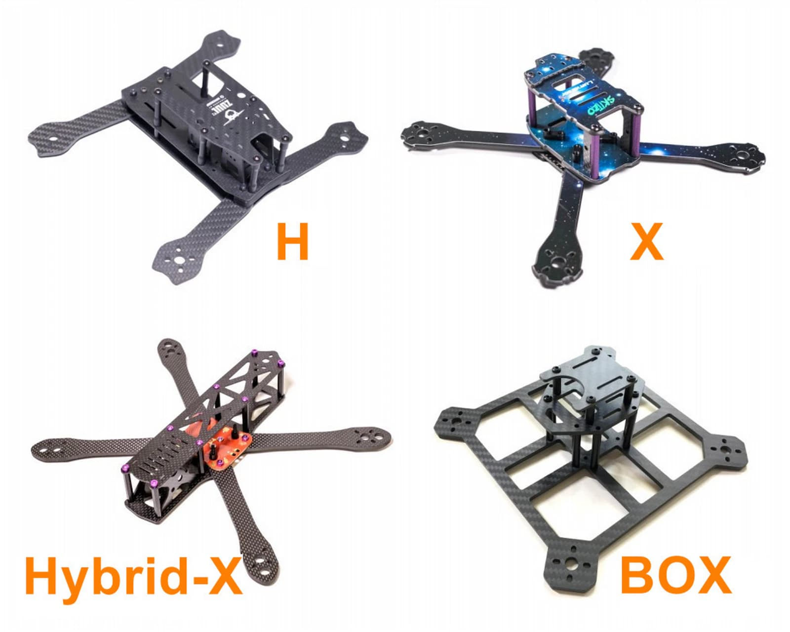 Comparación de vista superior de los diseños de frame FPV de fibra de carbono True-X y Stretched-X