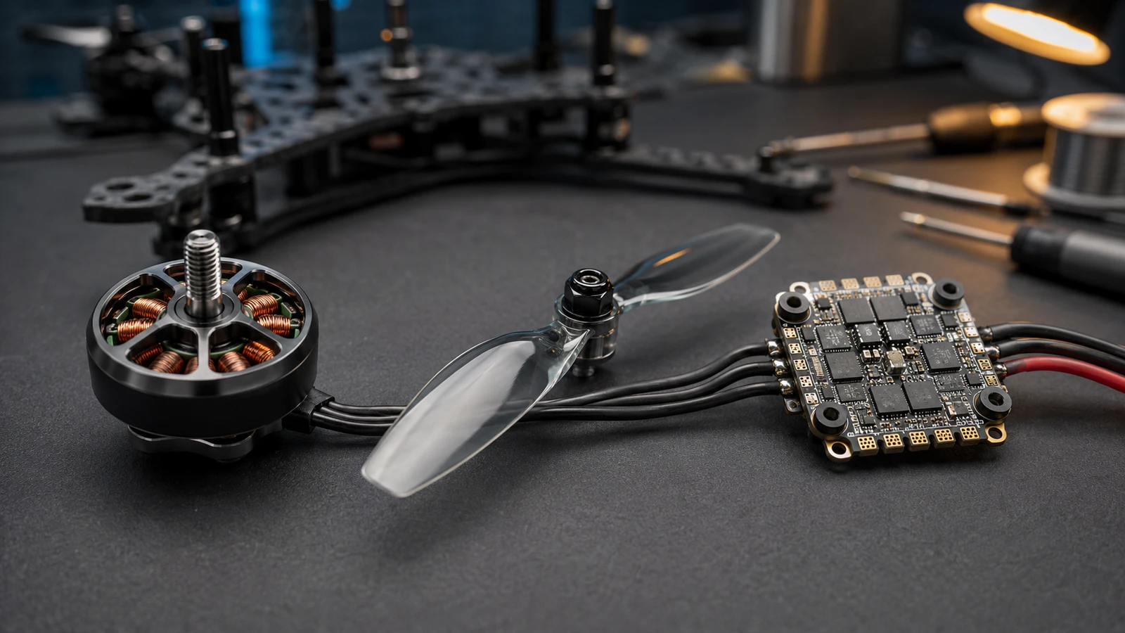 Anatomia do drone FPV mostrando a cadeia de propulsão com motor, hélice e ESC na bancada