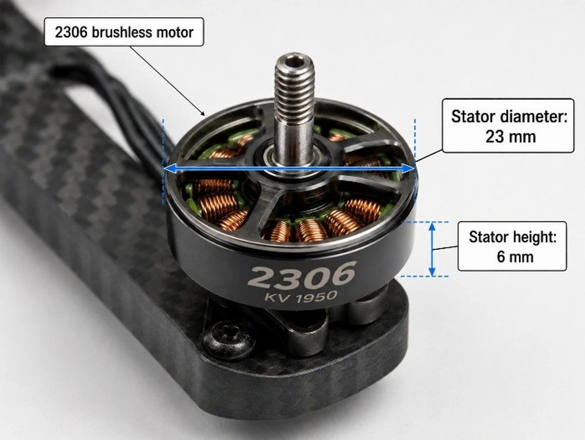 Brushless FPV motor stator with windings and stator dimensions labeled